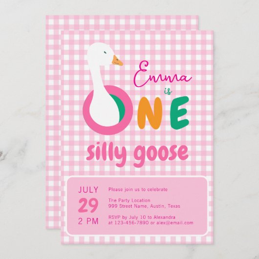 Eén domme gans roze ruit meisje 1e verjaardagsfees kaart (Voorkant / Achterkant)