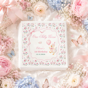 Eén domme gans roze strik bloem 1e verjaardag servet