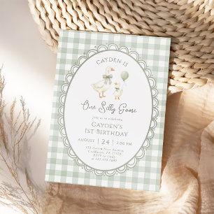 Een Domme Gans Salie Groen Gingham 1e Verjaardag Kaart