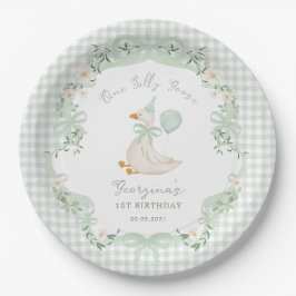 Een Domme Gans Salie Groen Gingham 1e Verjaardag Papieren Bordje