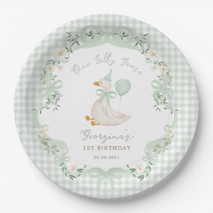 Een Domme Gans Salie Groen Gingham 1e Verjaardag Papieren Bordje