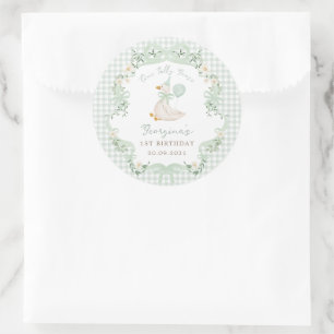 Een Domme Gans Salie Groen Gingham 1e Verjaardag Ronde Sticker