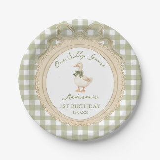 Eén domme gans strik gingham 1e verjaardag papieren bordje