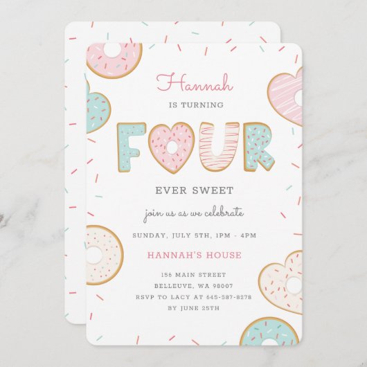 Een Donut vier-ooit feestdag uitnodiging roze (Voorkant / Achterkant)