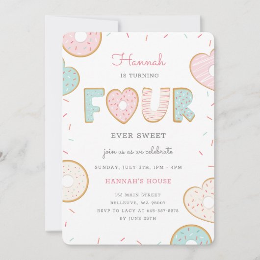 Een Donut vier-ooit feestdag uitnodiging roze (Voorkant)