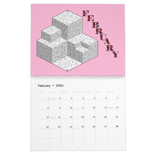 Een doolhof per maand kalender (Feb 2026)