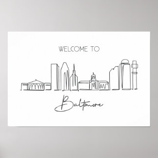 Eén doorlopende lijntekening van Baltimore Skyline Poster