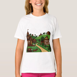 Een dorp getekend in een illustratieve stijl T-shi T-shirt