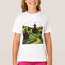Een dorp getekend in een illustratieve stijl T-Shi T-shirt