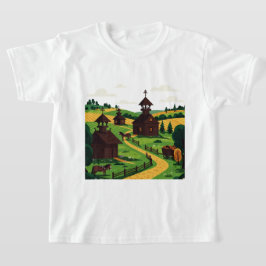 Een dorp getekend in een illustratieve stijl T-Shi T-shirt