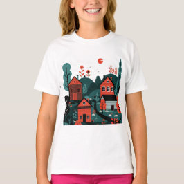Een dorp getekend in een illustratieve stijl T-shi T-shirt