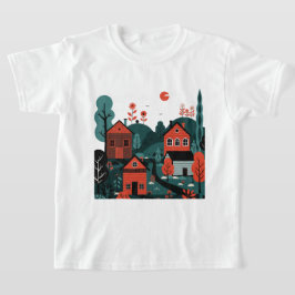 Een dorp getekend in een illustratieve stijl T-shi T-shirt
