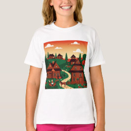Een dorp getekend in een illustratieve stijl t-shirt