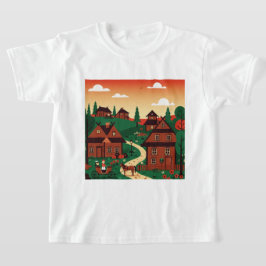 Een dorp getekend in een illustratieve stijl t-shirt