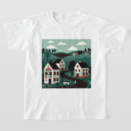 Een dorp getekend in een illustratieve stijl t-shirt