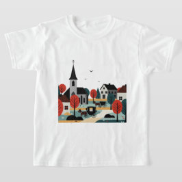 Een dorp getekend in een illustratieve stijl t-shirt