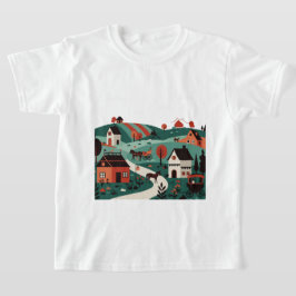 Een dorp getekend in illustratie-stijl t-shirt