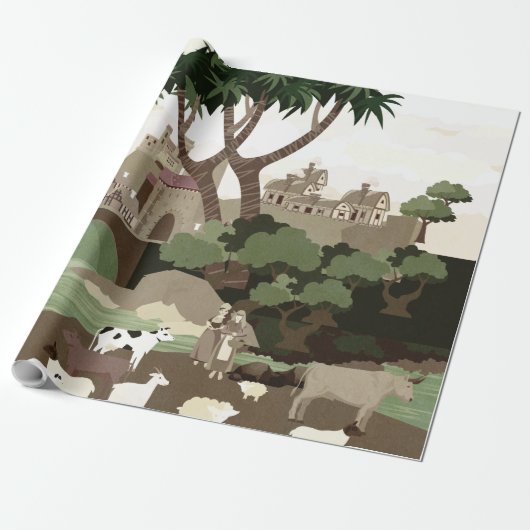 Een dorp in de middeleeuwen cadeaupapier (Uitgerold)