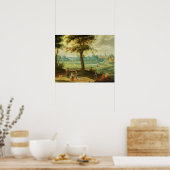 Een dorpslandschap door een rivier poster (Keuken)