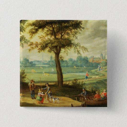 Een dorpslandschap door een rivier vierkante button 5,1 cm (Voorkant)