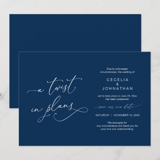 Een draai in plannen, Wedding Postponed Announoung Kaart (Voorkant / Achterkant)