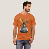 een draak die over een T-shirt van een kasteel vli (Voorkant volledig)