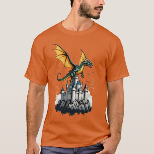 een draak die over een T-shirt van een kasteel vli (Voorkant)
