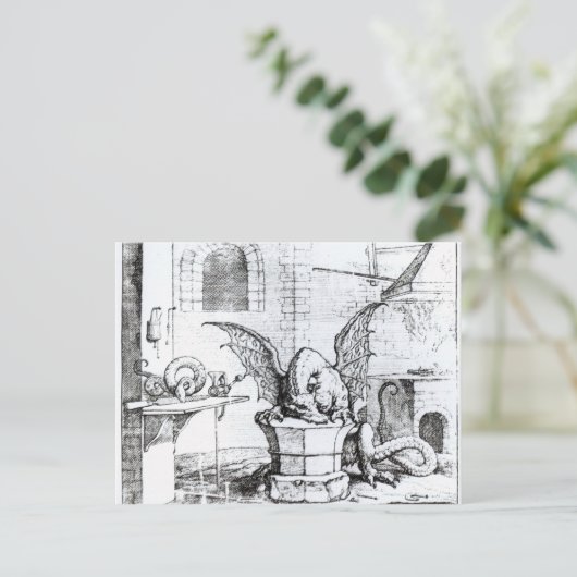 Een draak in een workshop briefkaart (Staand voorkant)