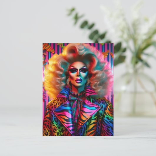 Een drag queen uit de jaren 80 in dierenprint briefkaart (Staand voorkant)