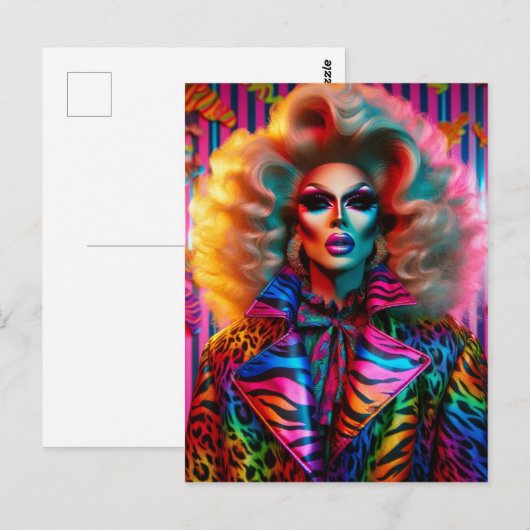 Een drag queen uit de jaren 80 in dierenprint briefkaart (Voorkant / Achterkant)
