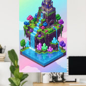 Een dromerig eilandkasteel met watervallen poster (Thuiskantoor)