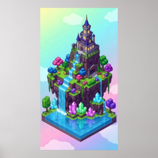 Een dromerig eilandkasteel met watervallen poster (Voorkant)