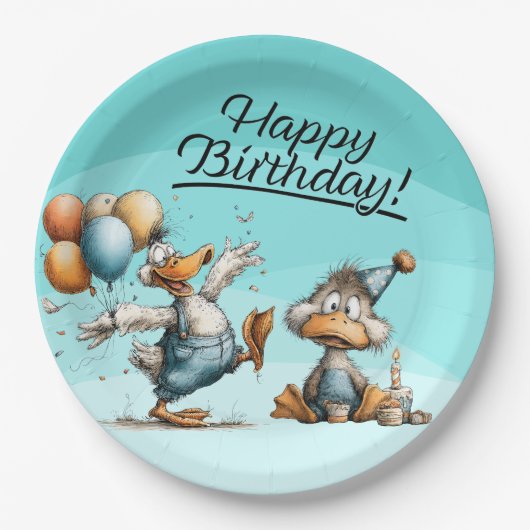 Een Duck Cartoon Verjaardagspapier Borden Papieren Bordje (Voorkant)