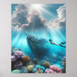 Een duiker vindt een schip dat is vergaan op het r poster