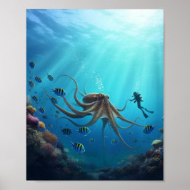 Een duiker ziet een enorm zeedier poster