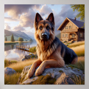 Een Duitse herder in een rustieke omgeving Poster