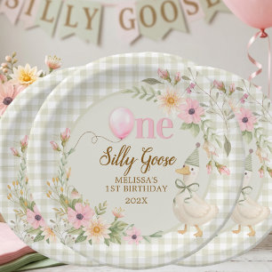 Eén Dwaas Gans Gingham Roze Flora Verjaardagsfeest Papieren Bordje