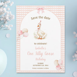 Eén Dwaas Gans Roze 1e Verjaardagsfeestje Save The Date