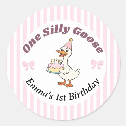 Eén Dwaas Gans Roze Boog 1e Verjaardag Ronde Sticker (Voorkant)