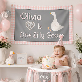 Eén Dwaas Gans Roze Grijs Meisjes Verjaardagsfeest Spandoek