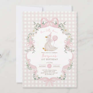 Eén Dwaas Gans Roze Strik Meisje 1e Verjaardag Kaart