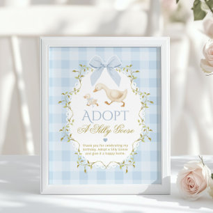 Eén Dwaze Gans Blauw Gingham 1e Verjaardag Poster