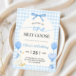 Eén Dwaze Gans Blauwe Strik Gingham 1e Verjaardag Kaart