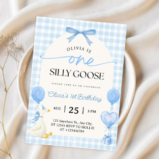 Eén Dwaze Gans Blauwe Strik Gingham 1e Verjaardag Kaart