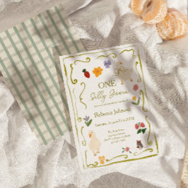 Eén Dwaze Gans Gingham Cottagecore Eerste Verjaard Kaart