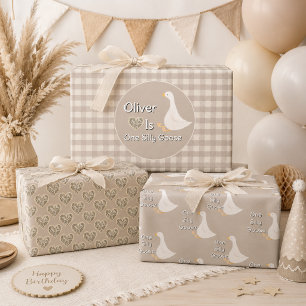 Eén Dwaze Gans Tan Gingham Eerste Verjaardagsfeest Inpakpapier Vel
