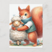 Een eekhoorn knuffelt een schaap briefkaart (Voorkant)