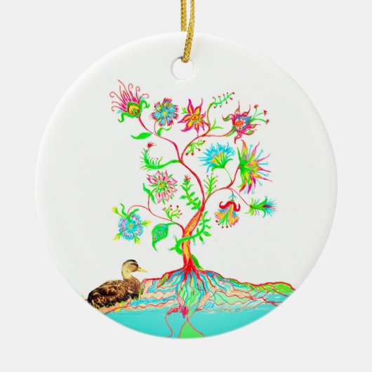 Een eend en een boom des levens keramisch ornament (Voorkant)