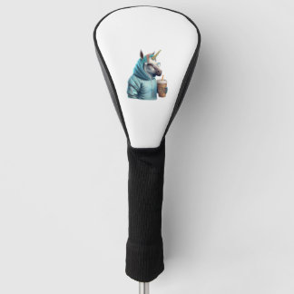 Een eenhoorn met een capuchon drink een kop koffie golfheadcover