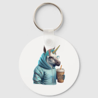 Een eenhoorn met een capuchon drink een kop koffie sleutelhanger